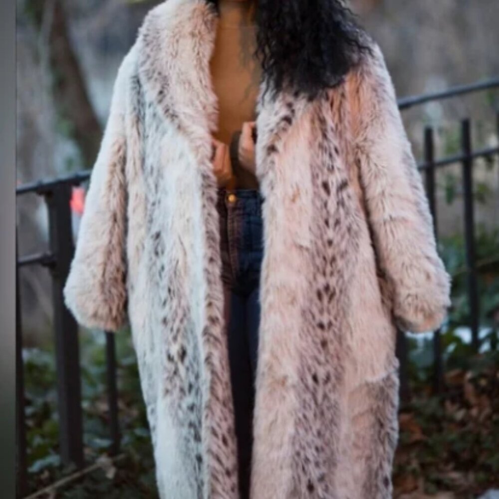 VTG 80s Retro Monterey Fashions Faux Fur‎ Snow Leopard Cruella Trench Coat 14P